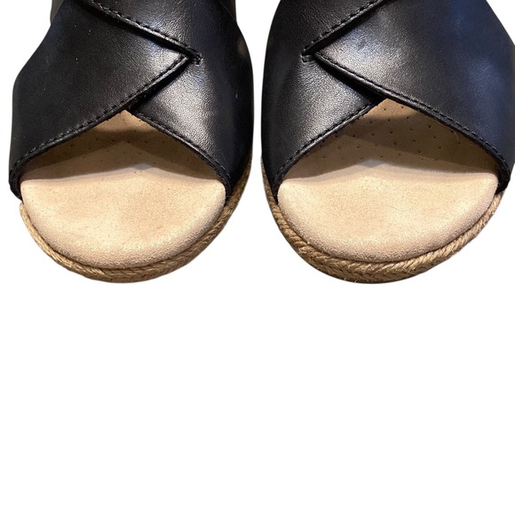 Clarks Collection Lafley Alaina Black Leather Espadrille Wedge Sandals 7.5M EUC - Picture 3 of 9
